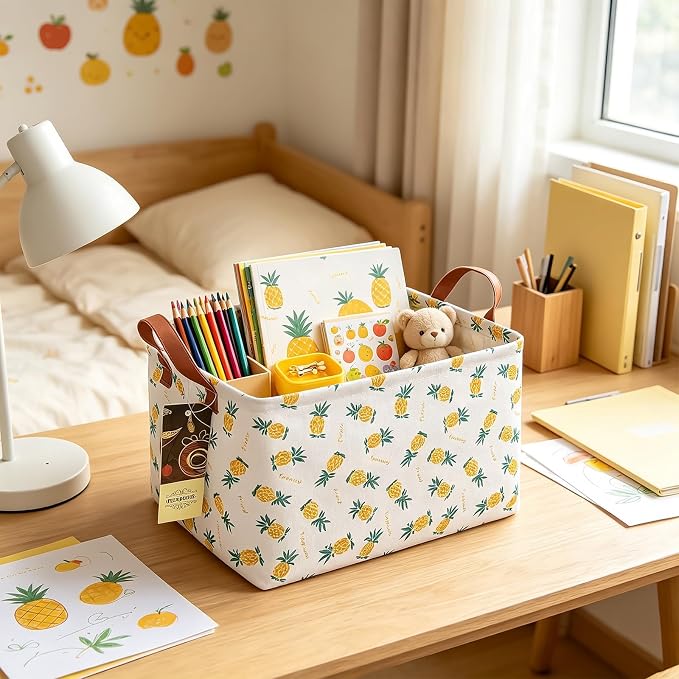 Rectangle Foldable Storage Basket Handles For Home, Pineapple | Waterproof canvas material, reinforced handles, perfect for shelf use, organizes clothes, daily items and pet supplies - Image 2