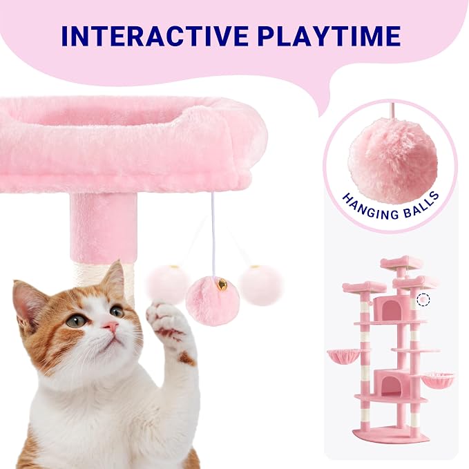 Allewie 73in Fan-Shaped Space-Saving Corner Cat Tower/Multi-Level Tall Cat Tree for Indoor Kitties/Cozy Baskets/Condos/House/Perches/Sisal Scratching Posts/Pet Activity Center/Pink - Image 5