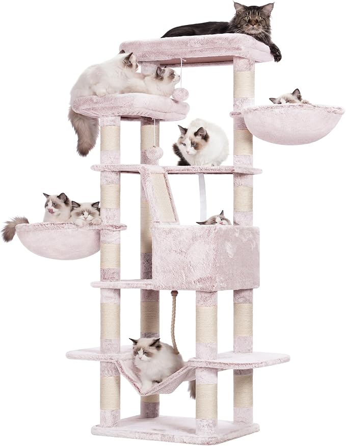 Heybly Cat Tree, 68 inch Multi-Level Cat Tower for Indoor Cats HCT025MU | Cat Condo with 2 Widened Plush Perches, 2 Cozy Baskets, Scratching Board and Big Caves, Rosy Brown - Image 2