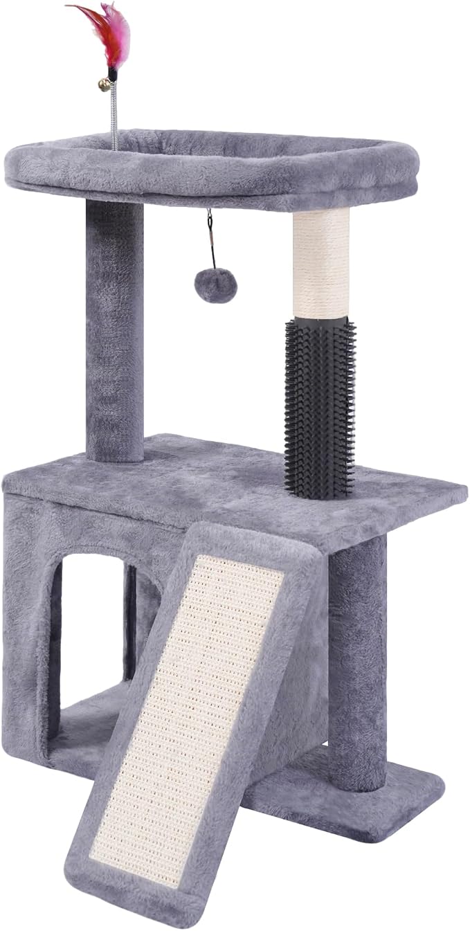 Cat Tree with Self-Grooming Brush and Interactive Toys, Cat Tree Tower for Indoor Cats, Cat Tower with Sisal Scratching Post and Scratching Pads, Cat Condo with Padded Perch, Grey - Image 3