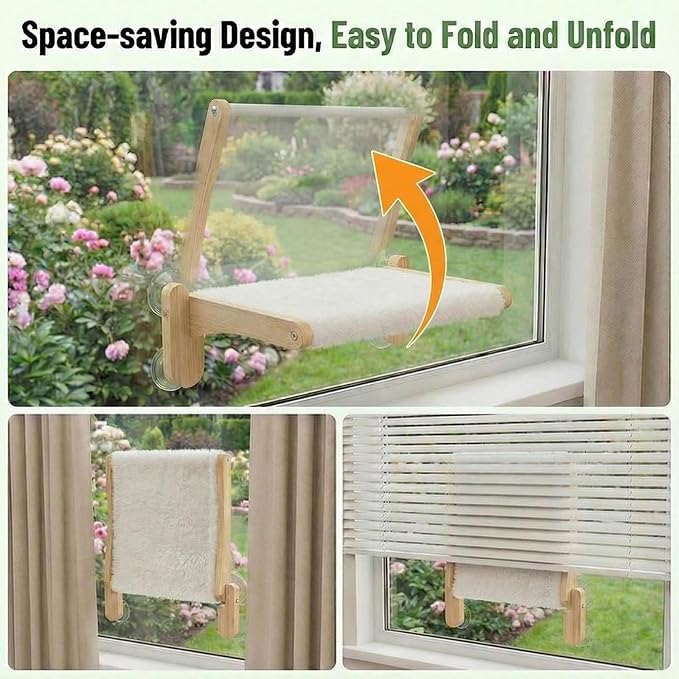 Cat Window Perch with Bird Feeder – Foldable Hammock, Strong Suction Cups for Indoor Cats (Nature-2) - Image 7