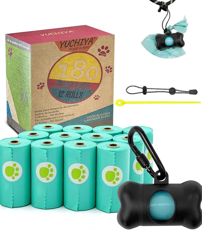 Dog Poop Pickup Bags Holder Dispenser with Standard-Sized Leak-Proof Scented Doggy Waste Bags and Carabiner with Safety Lock&Fastener Never Loose on Leash Lead Again (1 Holder 195 Bags, Black) by YUCHIYA