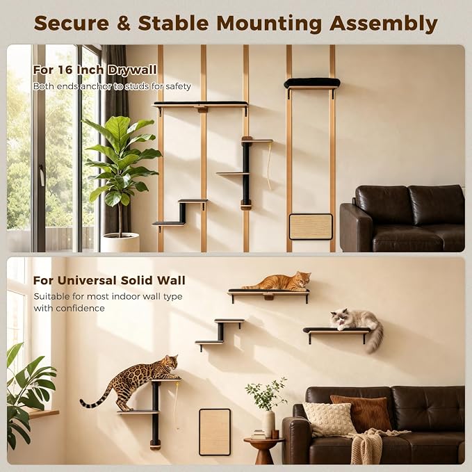 PAWZ Road Cat Wall Shelves, Modern Cat Wall Furniture with Sisal Posts | 5-in-1 wall mounted cat tree ,wood cat shelves with long perch,cat wall climber holds up to 40lbs for large indoor cats - Image 5