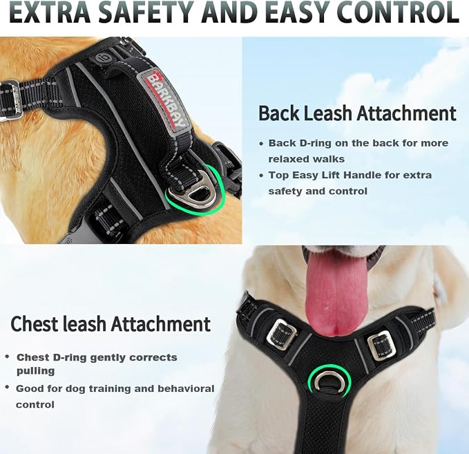 BARKBAY No Pull Dog Harness 3 Buckles Large Reflective Dog Harness with Front Clip and Easy Control Handle for Walking Training Running with ID tag Pocket(Black,XL) - Image 4