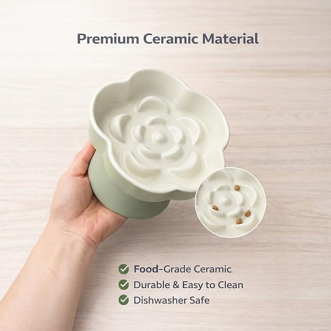 Ceramic Elevated Slow Feeder Cat Bowl, Raised and Gently Tilted Feeding Dish with Maze Design, Whisker-Friendly, Easy to Clean, for Indoor Cats and Small Dogs (Beige/Yellow) - Image 6