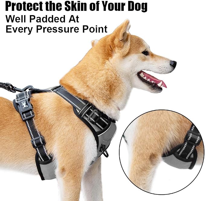 PoyPet No Pull Dog Harness Medium, Reflective Vest with Front Clip & Handle | Easy On/Off, No Choke, Adjustable, 2 Leash D-rings, Soft Padded, Breathable, Oxford, for Walking Training, M, Gray - Image 3