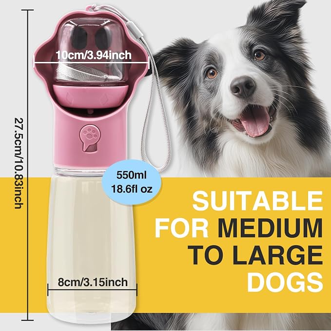 Dog Water Bottle with Food Container, Portable Pet Dispenser, Leak Proof, Hiking, Puppy Travel, Outdoor Activities(18.6 fl.oz/550ml, Pink) - Image 7