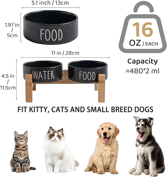 Elevated Ceramic Dog Bowls Set - Food & Water Lettering Raised Dog Bowl with Non-Slip Bamboo Stand for Cats and Small Dogs, Weighted Dogs Dishes Pet Bowls (5.1 inch, 2 * 16oz, Black) - Image 3