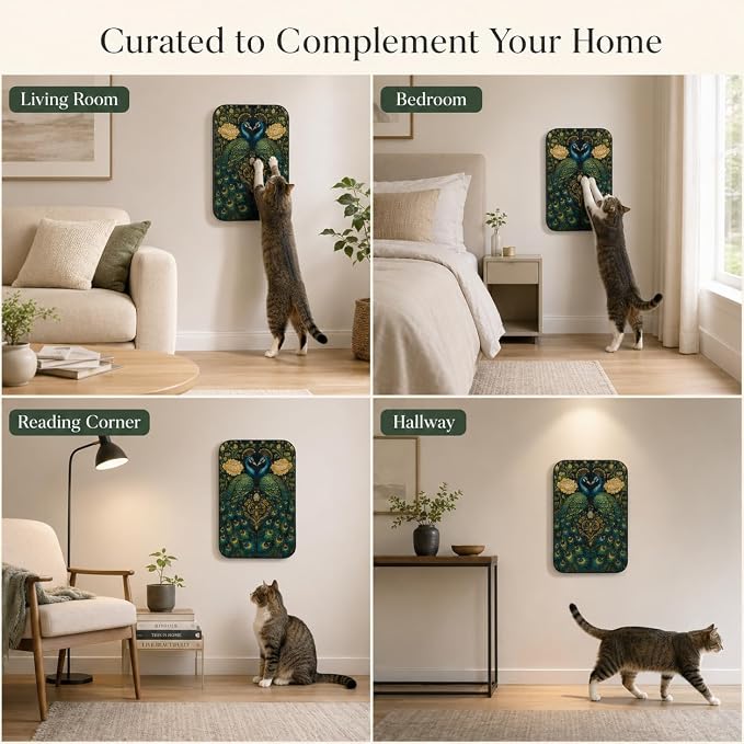 Cat Wall Scratcher, Art Cat Scratching Board for Indoor Cats | Wall Mounted Cat Scratch Pad, Water-Based Ink, Hook&Loop Strips, Floor or Wall Use, 16.7x11x1 Inch, Peacock 1 - Image 9