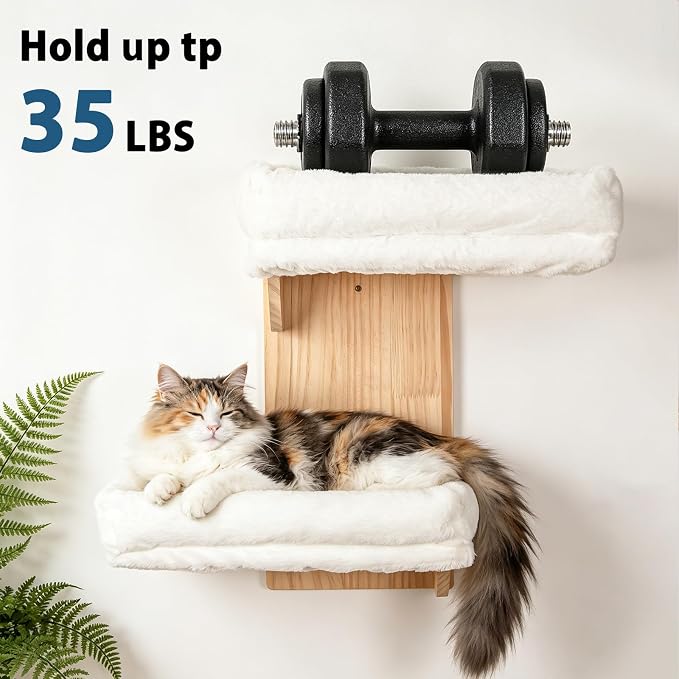 Cat Wall Shelves, 2 Platform Cats Walls Furniture, Tree Shape Kitten Floating Shelf with Soft Cushion Perch, Solid Pine Wood, Suitable for Climb, Play, Nap - Image 3