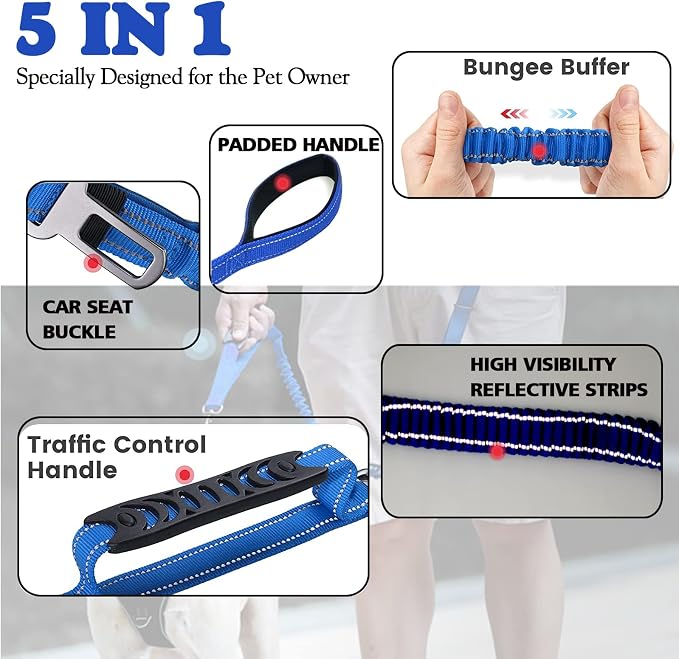 Heavy Duty Bungee Dog Leash with Locking Carabiner for Large Dogs | No Pull Bungee Shock Absorbing, 2 Padded Handles for control, Fits 60-150 lbs Dogs, Seatbelt Buckle, Reflective - Image 3