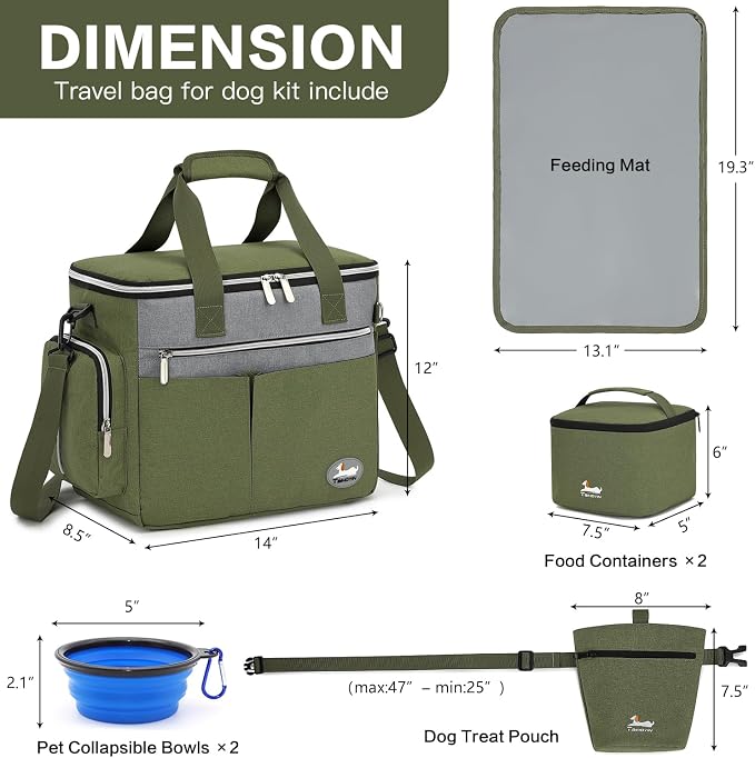 Dog Travel Bag for Pet Kit for Supplies with 2 Food Storage Containers 2 Collapsible Bowls 1 Feeding Mat 1 Dog Treat Pouch 7-Piece Set Perfect Road Trips Camping Weekend (Olive Green) - Image 3
