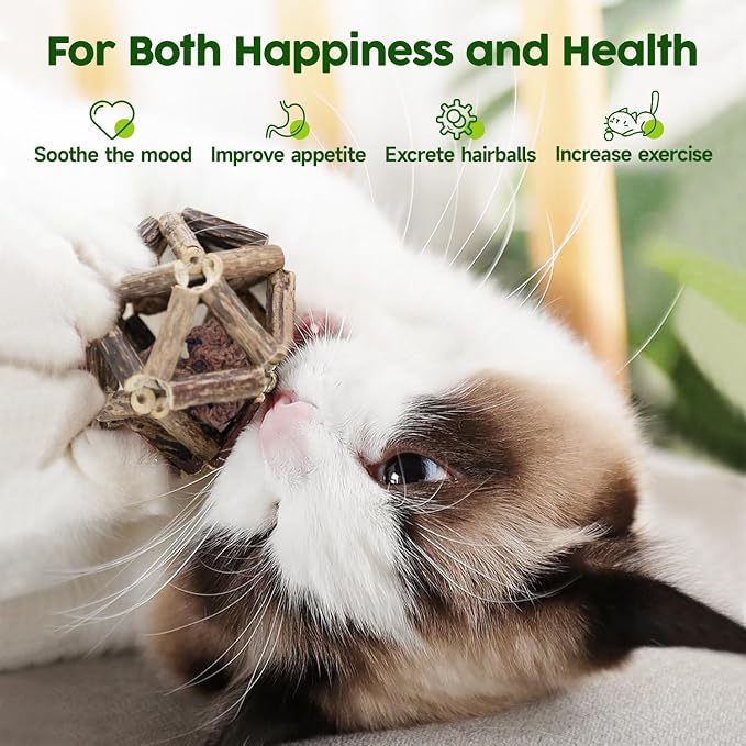 Potaroma Catnip Toys, 3Pcs Cat Toys Natural Silvervine Stick Cage Balls & Bell Ball for Indoor Cats, Kitten Cleaning Teeth Molar Matatabi Cat Chew Toy All Breeds | Kitten Cleaning Teeth Molar Matatabi Cat Chew Toy for Indoor Cats All Breeds with Bell - Image 3