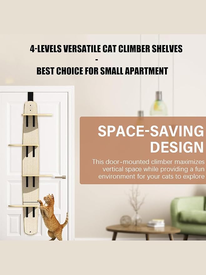 Door Hanging Cat Tree,Door Hanging Cat Shelf with Soft Mat | Wooden,4-Levels Over the Door Cat Climber for Indoor Cats,Save Space, Increase the Cat's Activity Level, Relieve Anxiety - Image 7