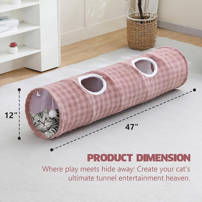 Straight Bubble Cat Tunnel for Indoor Cats 47"x12", Dusty Pink | Cute Cat Toys, Collapsible Tunnel Tube with Hanging Balls for Puppy Kitten Rabbit - Image 4