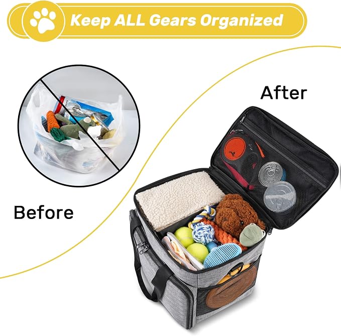 6 Set Dog Travel Bag, Large Pet Travel Kit for Supplies, Grey | Includes 2 Food Containers, 1 Pet Organizer for Dogs, 2 Collapsible Bowls, 1 Treat Pouch, Dog Weekend Overnight Bag Luggage - Image 6