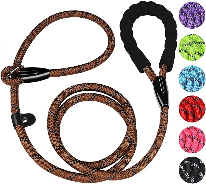 6 FT Heavy Duty Dog Leash, Durable Premium Quality Strong Training Rope Slip Leash with Comfortable Padded Handle and Highly Reflective Threads for Small Medium and Large Dogs, (Brown) by BOOEUDI