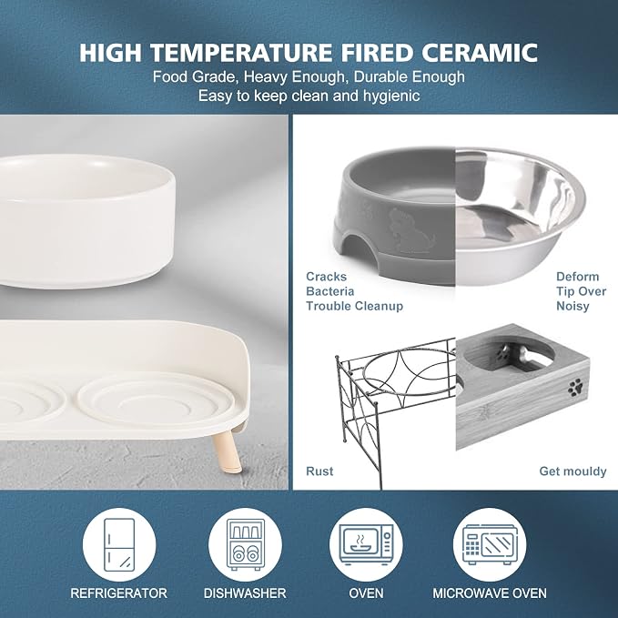 Elevated Ceramic Dog Bowl Set - Double Dog Feeding Bowls with Stand Splash Proof - Raised Dishes for Food and Water - Ideal for Small to Medium Dogs - 2 x 720 ml - 11.3 oz - White - Image 3
