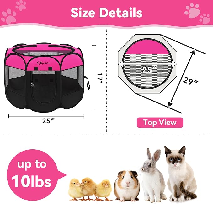 Siedihit Dog Playpen, Puppy Pet Playpens Indoor for Small Dogs Tent Crates | Cage Indoor/Outdoor, Portable Pop Up Dog Kennel Playpen with Carrying Case for Dogs/Cats/Rabbits, Hot Pink - Image 3
