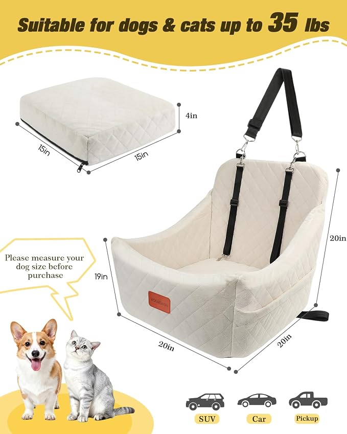 WOOAIDAGG Dog Car Seat for Medium Sized Dog,Pet Travel Car Bed with Seat Belt Channle,Fully Detachable and Washable Car Dog Seat with Adjustable Straps,3 Straps Easy to Install (Beige) - Image 2