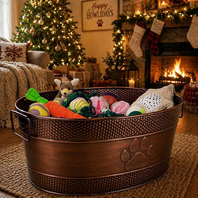 BREKX Copper Metal Dog Toy Storage Bin, Indestructible, Large | Toy Box, Blanket & Leash Organization • Handles - Image 3