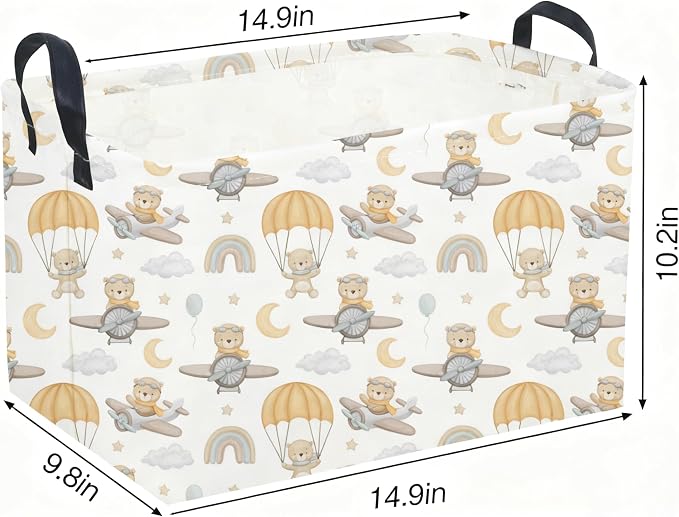 Sanjiaofeng Rectangular Kids Basket Bear Storage Bins,Cute Storage Basket with Handles.Clothers,Books,Kid's Gifts Bins. (Airplane Bear) - Image 2