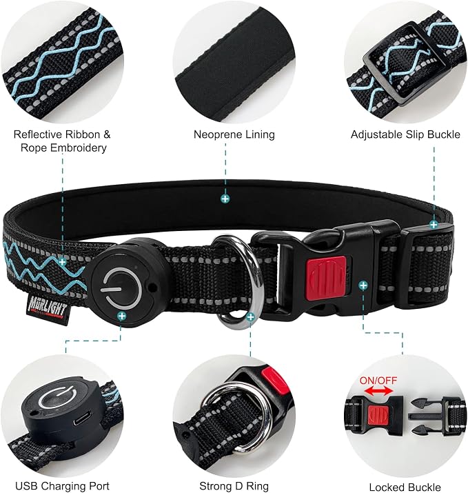Rechargeable LED Dog Collar for Night Walking, Embroidered Rope Light | The LED light is visible from 360 degrees, anti-loss and enhancing outdoor walking safety(Medium Blue) - Image 3