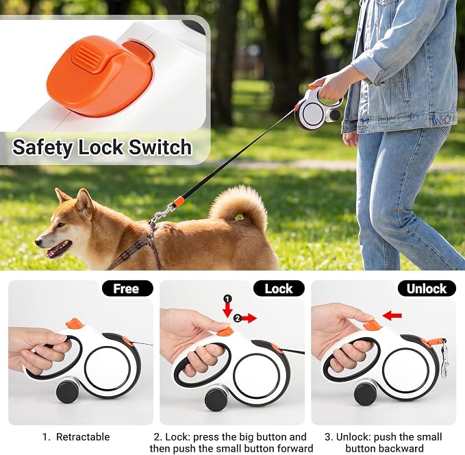Segarty 16 Ft 360°Tangle-Free Leash with Detachable Waste Bag Holder, Retractable Dog Lead for Pet up to 66 Lbs, 5m White Walking Leash with Anti-Slip Handle & One-Handed Brake Pause Lock for Outdoors - Image 4