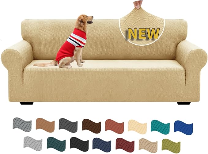 XINEAGE Stretch Jacquard Sofa Cover, Non Slip Sofa Slipcover for Dog | High-Stretch Fabric. Wear-Resistant, Pet Friendly. Easy Install & Washable for Living Rooms, Offices.Beige by XINEAGE