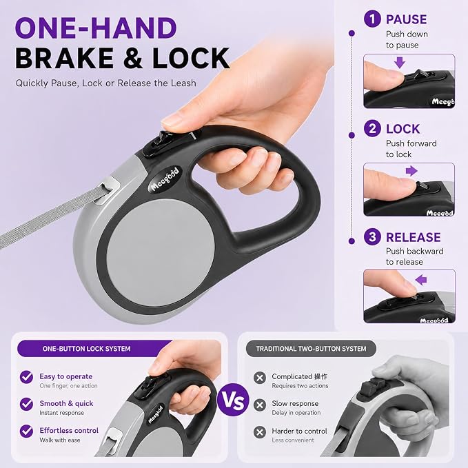 Heavy Duty Retractable Dog Leash-16ft Strong & Durable Walking Leash for S to L Dogs up to 45/115 lbs, Upgraded Lock System, Non Slip Grip, Tangle Free (Grey, Medium-Large Sized) - Image 4