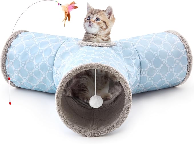 Tempcore Cat Tunnel for Indoor Cats, 3 Way Collapsible Pet Play Tunnel with Teaser Wand, Peek Holes & Hanging Ball, Interactive Tube for Kittens & Rabbits, Geometry Blue by Tempcore