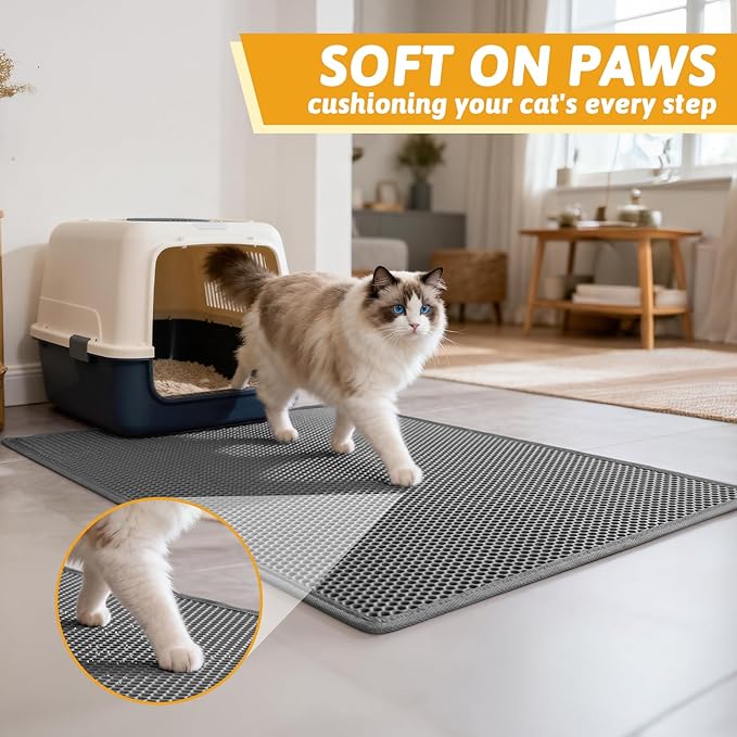 Pieviev Cat Litter Mat, Double-Layer Waterproof Litter Trap, 36" x 30" Gray | Honeycomb Design Catches Scattered Particles to Stop Tracking, Urineproof Base Protects Floors, Easy to Clean - Image 4