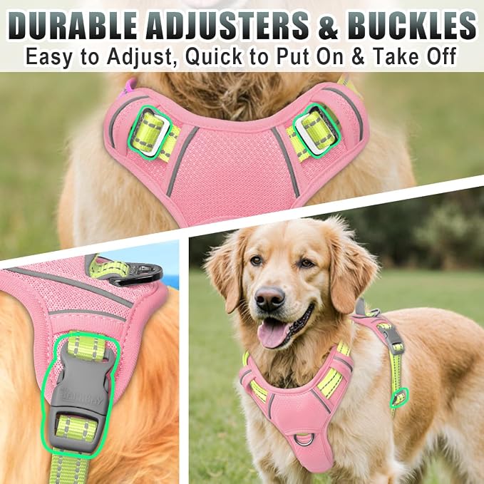 BARKBAY No Pull Dog Harness Large Reflective Dog Harness with Front Clip and Easy Control Handle for Walking Training Running with ID tag Pocket(Baby Pink & Sunlight,M) - Image 8