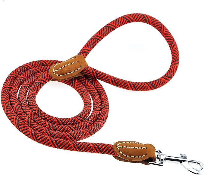 Mile High Life Dog Leash with Genuine Leather-Wrapped Ends, 4/5/6FT | Tangle-Free 360° Swivel Clasp Heavy Duty Rope Leash | Small Medium Large Dogs | Daily Walking (Red, 60 Inch, 1/2") - Image 3
