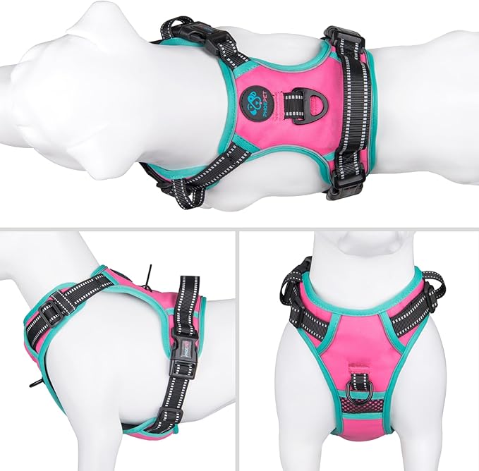 Upgraded No Pull Dog Harness, Reflective Adjustable Vest | with a Training Handle + 2 Metal Leash Hooks+ 3 Snap Buckles +4 Slide Buckles(S, Pink) - Image 2
