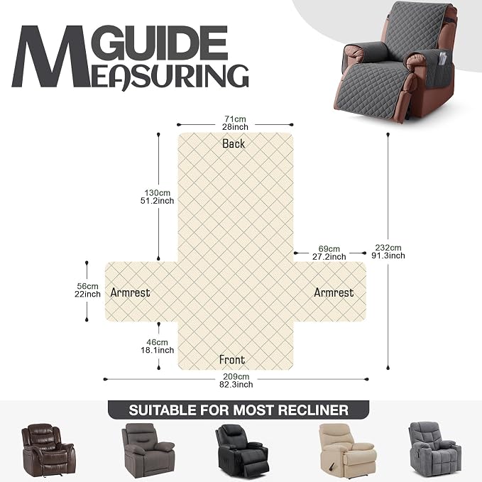 KinCam 100% Waterproof Recliner Chair Covers Washable, 28", Charcoal Gray | Anti Slip Reclining Couch Covers for Pets Dog, Recliner Sofa Slipcover Storage Pocket, Furniture Protector with Elastic Strap - Image 4