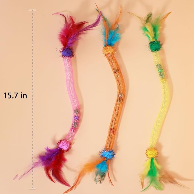 Interactive Cat Toys with Feather, Colorful, 3 Pcs | Stretchable Mesh Tubes, Bell Inside, Catnip Inside, Interactive Play String for Cats and Kittens, Cat Nip Chew Toy - Image 7