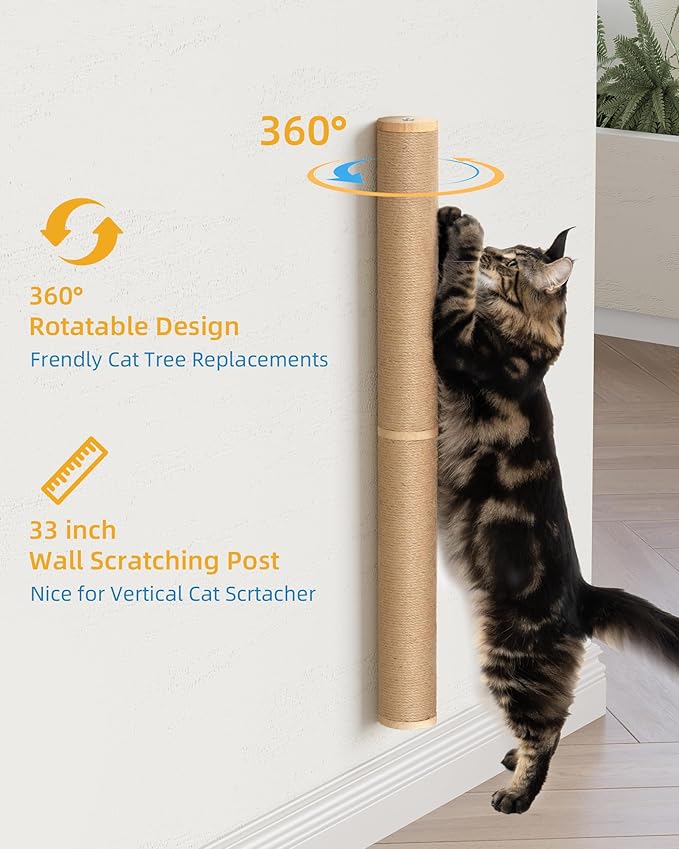 Aechonow 68" Wall Mounted Cat Scratcher,2Pcs of 34in Sisal Scratching Posts | Wood Cat Wall Scratcher,Cat Wall Furniture for Indoor Cats,Cat Wall Climber, Natural Sisal,Tall & Sturdy Corner Climbing Pole - Image 3