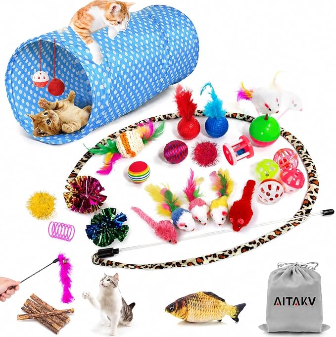 AILUKI 35PCS Cat Toys Variety Pack for Indoor Cats, Kitten Toys Cat Tunnel | Kitten Toys for Indoor Kittens Cat Toy Bundle Set with Feather Wand, Plush Mice, Crinkle Balls & Interactive Cat Toys Bundle by AILUKI
