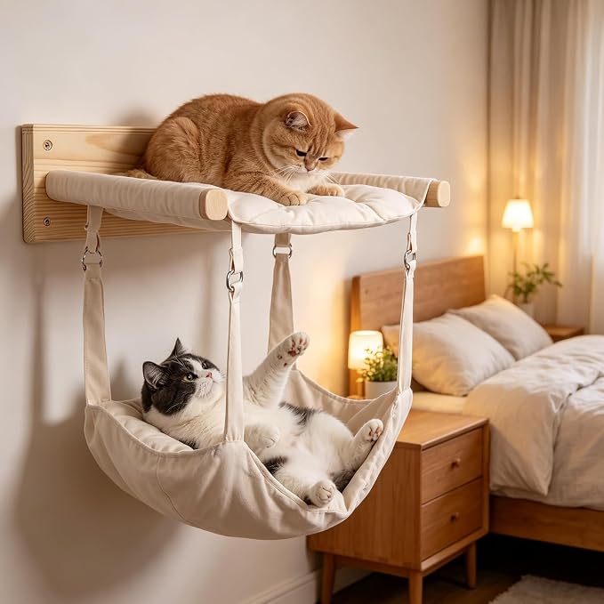 Wall Mounted Cat Double Hammock & 3 Steps, Pine Climbing Shelf & Perch Set, Multi-Function Wall-Mounted Cat Furniture for Sleep Play Climb, Easy DIY Installation - Image 4