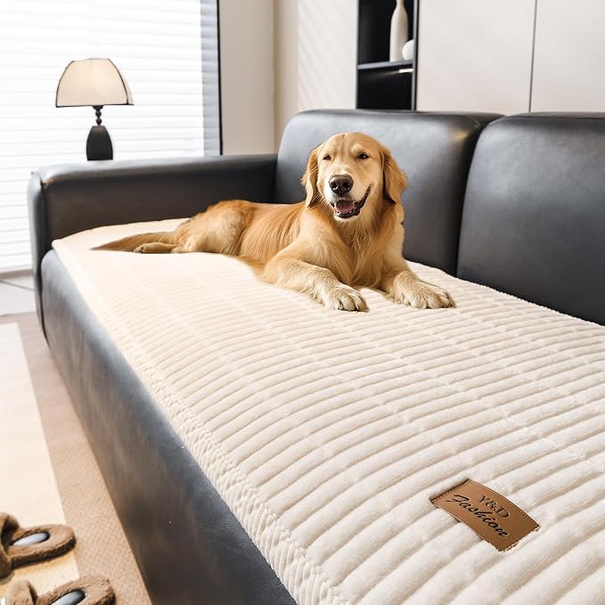 Couch Covers for Dogs, Velvet Dog Couch Cover, Pet Couchs Covers for 3-4 Seater, Couchs Protector for Dogs, Sofa Cover for Pets Washable(1PC, Beige White, 27.6"×94.5", 3-4 Seater) by PJLZJFBY