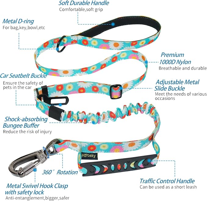 Hotsky Tactical Bungee Shock Absorbing No Pull Dog Leash,Leaves,4-6FT | Heavy Duty for Medium Large Dogs That Pull up to 660 lb,with Padded Double Handle ＆ Car Seatbelt,360°Rotating Locking Clasp - Image 2