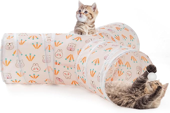 Tempcore Cat Tunnel for Indoor Cats, 3 Way Collapsible Pet Play Tunnel with Teaser Wand, Peek Holes & Hanging Ball, Interactive Tube for Kittens & Rabbits, Pink Rabbit - Image 2