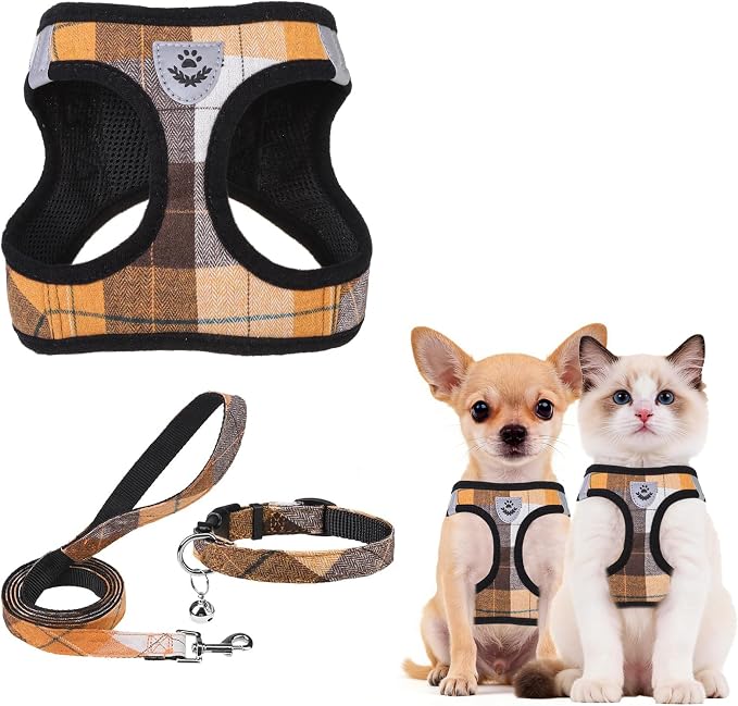 PUPTECK Dog Harness, Collar and Leash Set No Pull for Small Medium Sized | Plaid Puppy Step-in Escape Proof Reflective No Choke Pet Cat Adjustable Walking Vest by PUPTECK