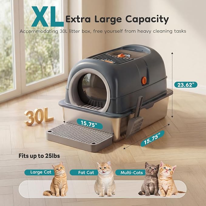 OLIXIS Stainless Steel Litter Box with Lid, Easy Cleaning | Extra Large Enclosed Litter Pan for Big Cats, High Sided Cat Box with Scoop & Mat, Front & Top Entry, Grey - Image 6