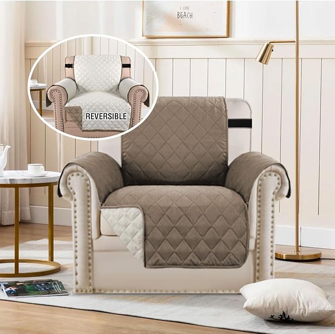 H.VERSAILTEX Water Repellent Chair Slipcover Reversible Stain and Dog Tear Resistant Slipcover Durable Furniture Protector with Elastic Strap Washable Chair Cover for Pet(Armchair, Taupe Brown/Beige) - Image 3