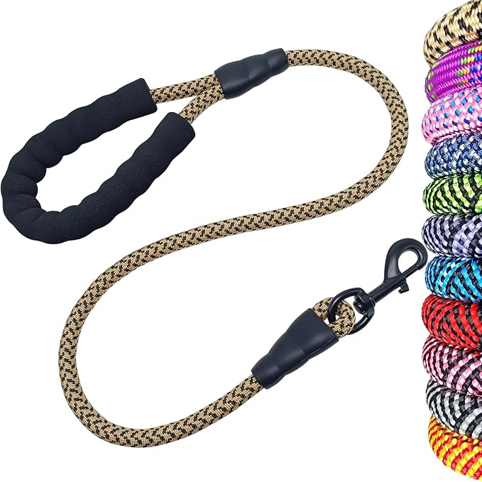 MayPaw Heavy Duty Rope Dog Leash, 3/4/6/7/8/10/12/15/20/30 FT Nylon Pet Leash, Soft Padded Handle Thick Lead Leashes for Large Medium Dogs (Brown, 1/2" * 3') by MayPaw