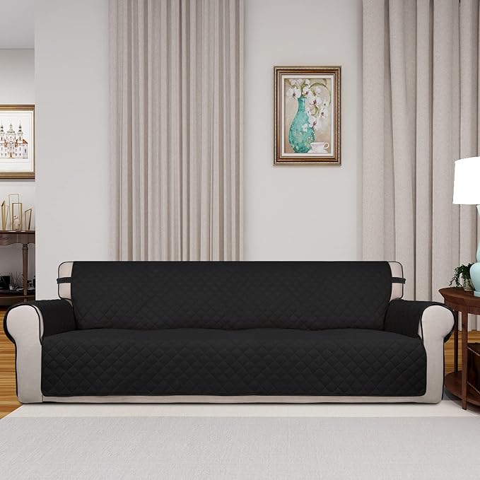PureFit Reversible Quilted Couch Covers for Dogs Sofa Cover 4 Seater 88" | Black/Black, Water Resistant Couch Protector, Washable Pet Couch Cover with Non Slip and Elastic Straps For Kids - Image 2