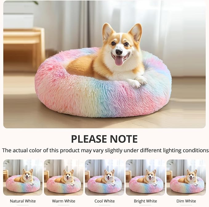 JOLLYVOGUE Calming Dog Bed Medium Size Dog, Anti-Anxiety Donut Medium Pet Bed, 27 inches Fluffy Faux Fur Round Cat Bed (Rainbow) - Image 6