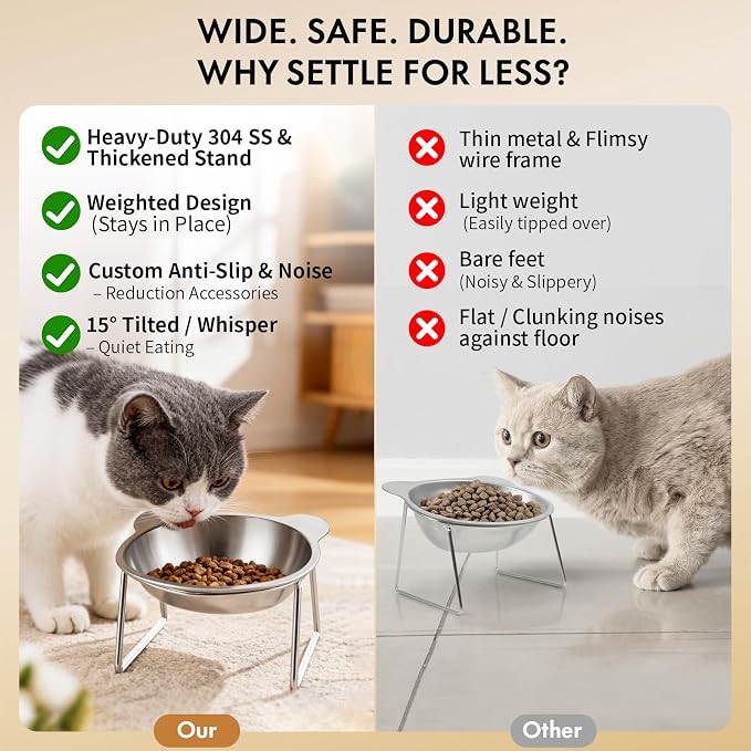 Elevated Cat Bowls with 15° Tilt, Whisker Friendly Raised Cat Food & Water Dishes with Silent Silicone Strip - Anti-Vomiting Small Dog Bowl, 304 Stainless Steel Bowl, Spine Friendly, Dishwasher Safe - Image 5